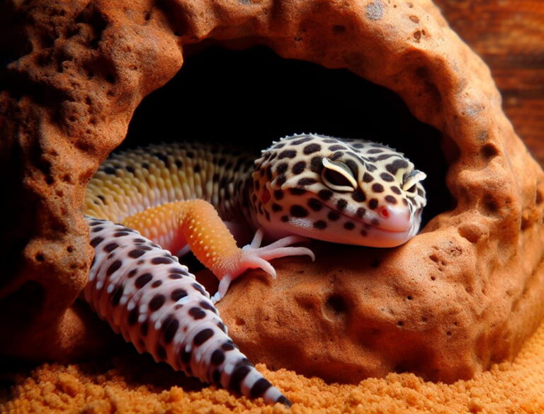 gecko leopardo descansando en un refugio humedo