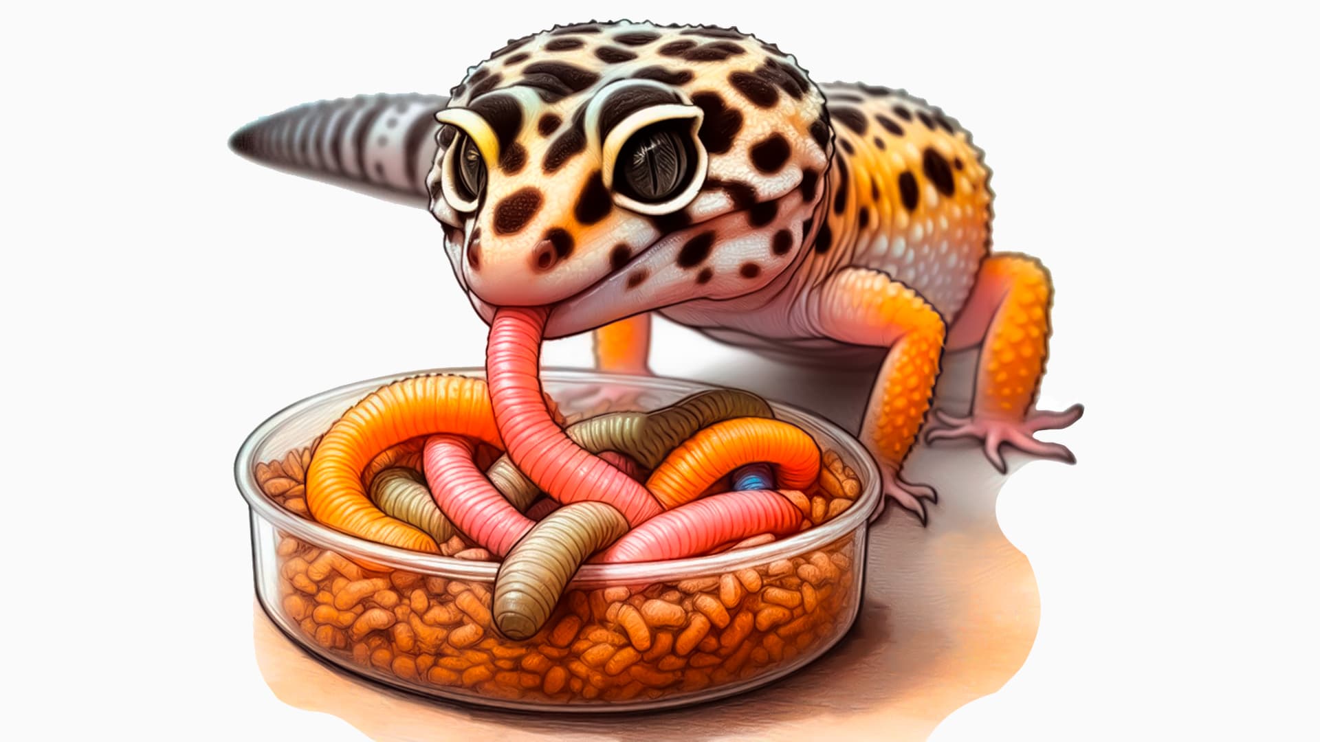 dibujo gecko leopardo comiendo gusanos en un comedero