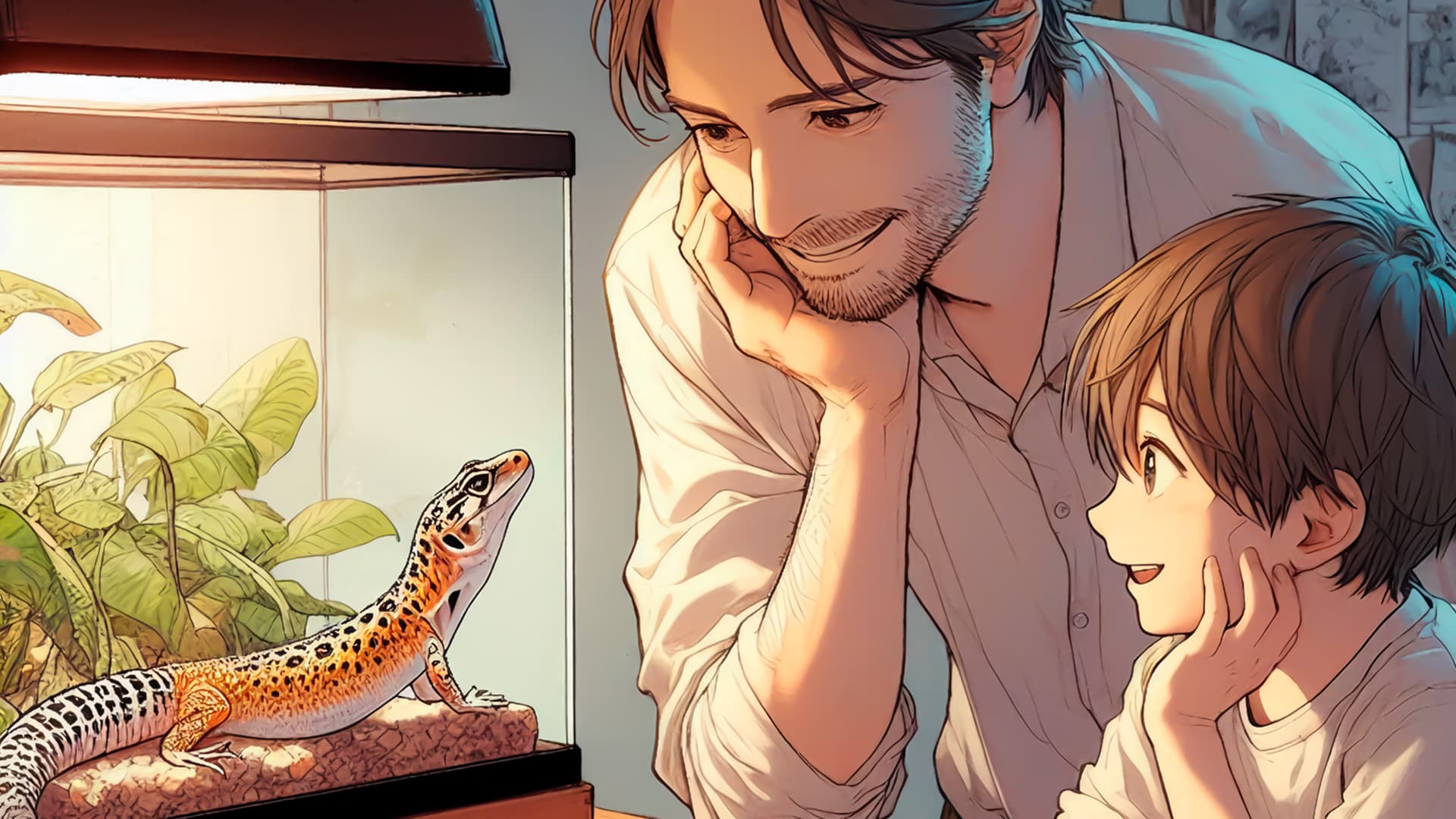 dibujo de un padre con su hijo mirando un gecko leopardo